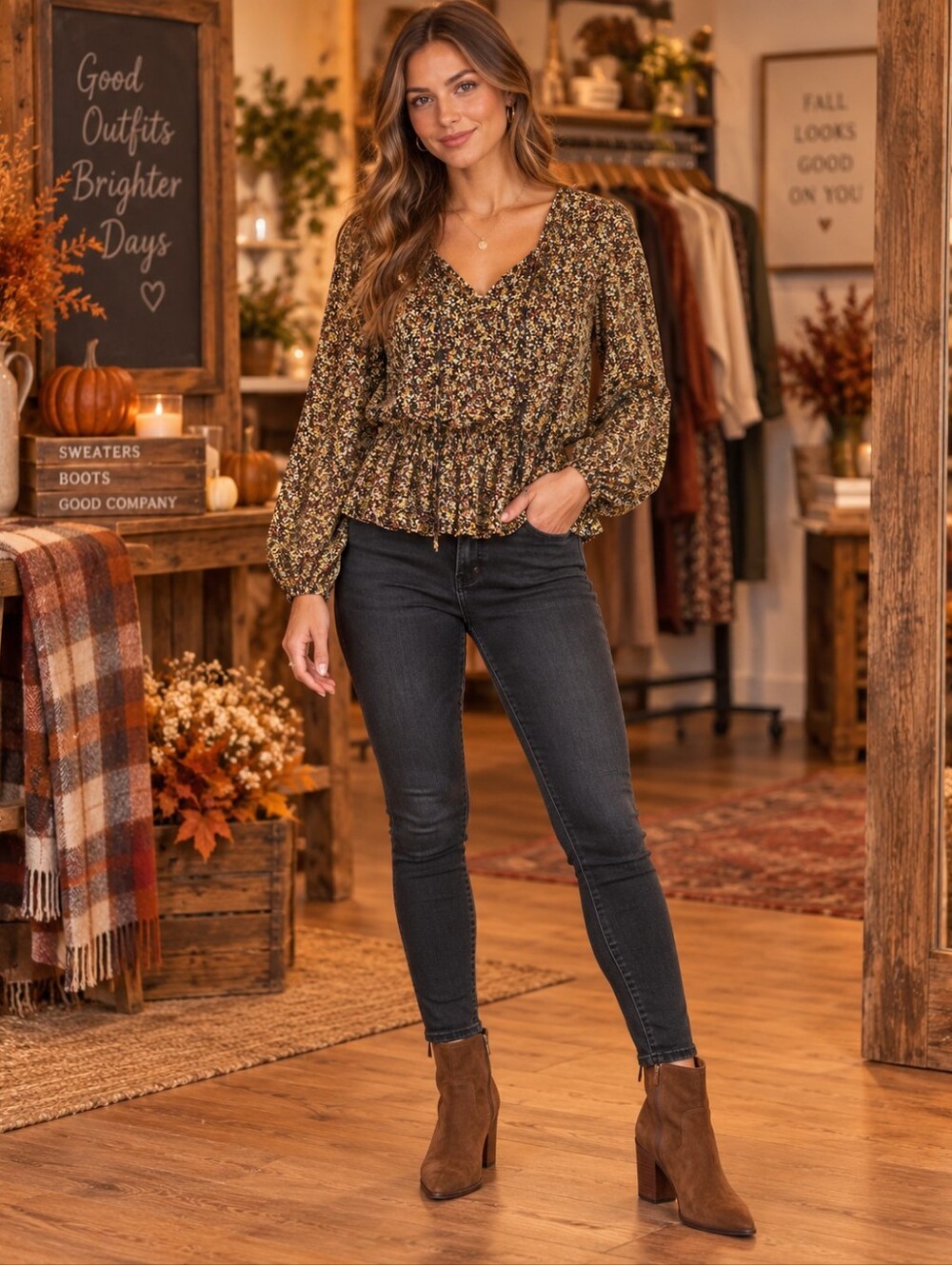 Banana Republic Black Floral Peplum Blouse with Green/Cream Accents